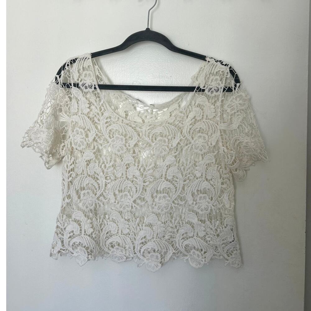 Sheer Crochet Short-Sleeve Blouse